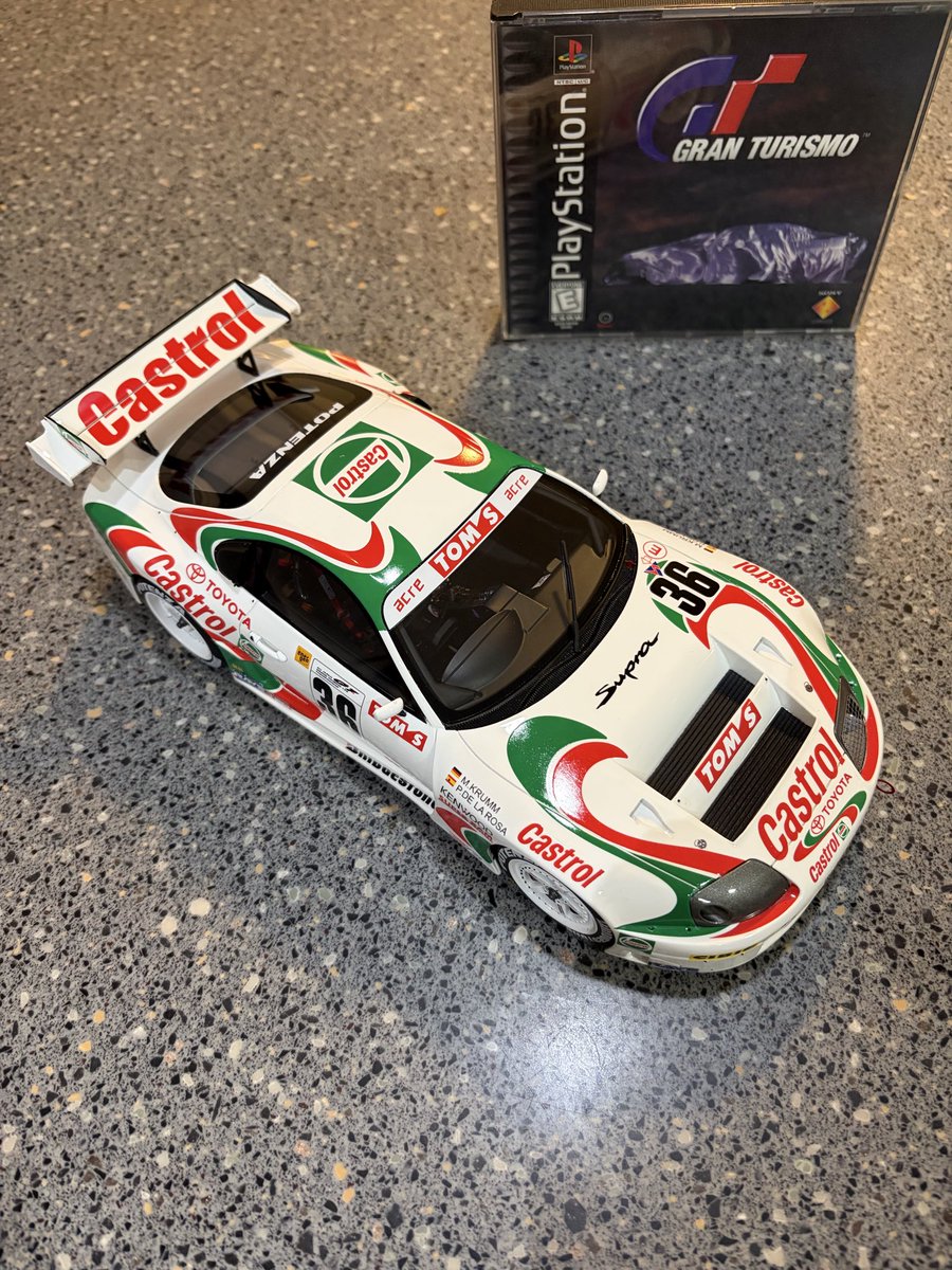 Wilsonic6's tweet photo. I’ve been collecting models since I was a kid. When I first played Gran Turismo in 1998, I became obsessed with race car from Toyota. After 28 years of waiting, I finally have a 1/18 scale Tom’s Castrol Supra! Thank you to @ottomodels and @LB_littlebolide for making this happen! https://t.co/qJsyVaSdbi