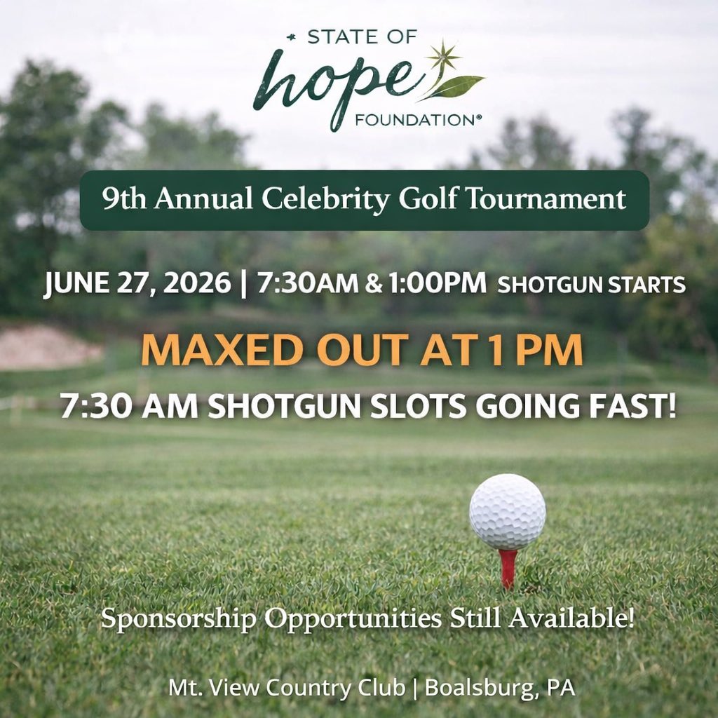 SOH_Foundation's tweet photo. 🚨 WE ARE SOLD OUT… (Almost) 🚨

Our 1:00 PM shotgun start is officially MAXED OUT for the
9th Annual Celebrity Golf Tournament ⛳🔥

📍 Mountain View Country Club — Boalsburg, PA
📅 June 27, 2026

BUT…

7:30 AM shotgun spots are still available — and going FAST. LINK IN BIO! https://t.co/aMtgItuLmj