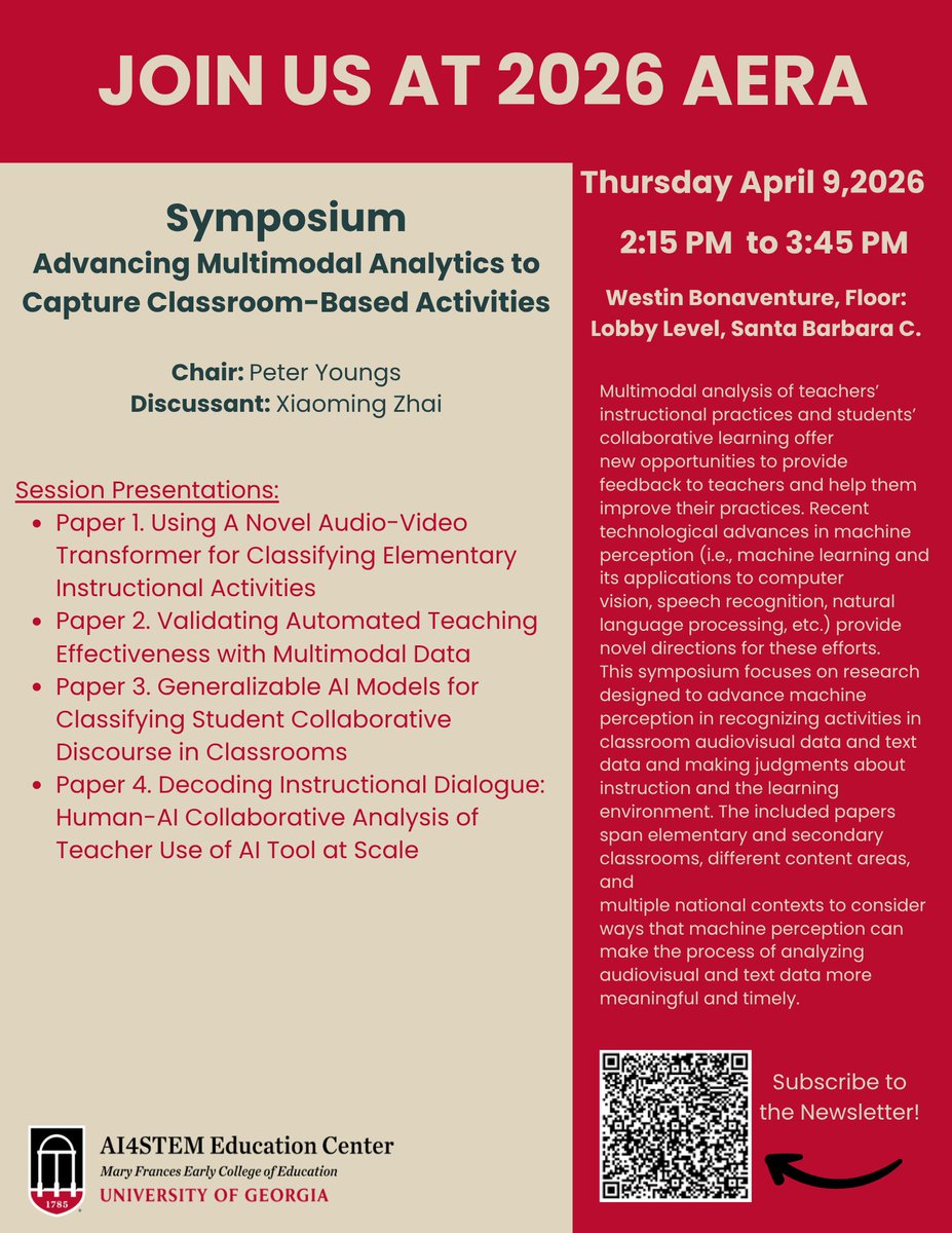 ai4stem's tweet photo. 📢 Happening TOMORROW at #AERA2026!

📍 Symposium: Advancing Multimodal Analytics
🗓 April 9 | ⏰ 2:15–3:45 PM
📍 Westin Bonaventure (Santa Barbara C)
How can AI + video/audio/text data transform teaching insights? Join us! #AI4STEM
@xiaoming_zhai https://t.co/XhgM1P3ueO