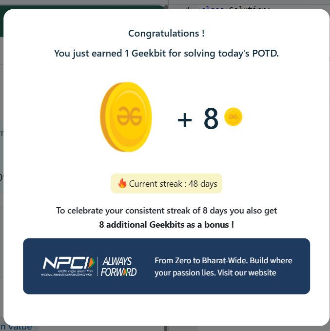 NareshPraj97599's tweet photo. 48POTD Challenge Completed on GeeksforGeeks! Current Streak: 48Day Earned: 1 Geekbit

#NPCI

#geekstreak60

#geeksforgeeks

#POTD https://t.co/ELUmSwEKqU