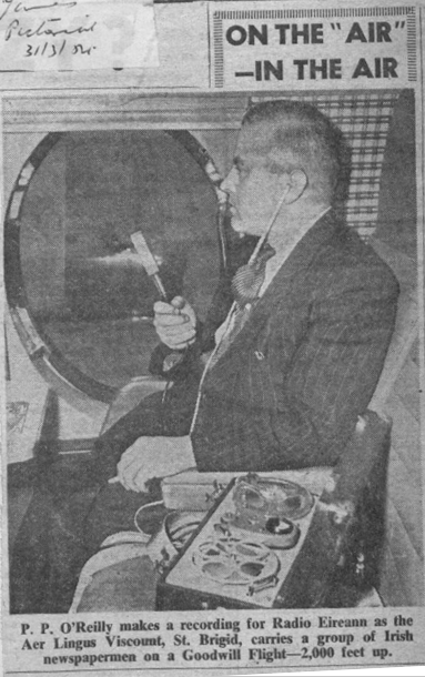 IBHallofFame's tweet photo. Radio Eireann &amp; PP Maguire recording the inaugural flight of @AerLingus first Viscount aircraft named the St. Bridghid in 1954 @RTEArchives @RTEHistoryShow. How times changed notice the cigarette in hand while recording on board https://t.co/sJ8yXbPbEo