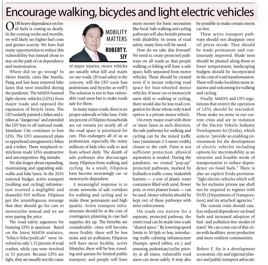 “The current crisis should catalyze reduced dependence on fossil fuels and increased adoption of fuel- and pollution-free modes of travel. We can come out of this crisis with healthier, more productive and more resilient communities.”manilatimes.net/2026/04/04/bus…