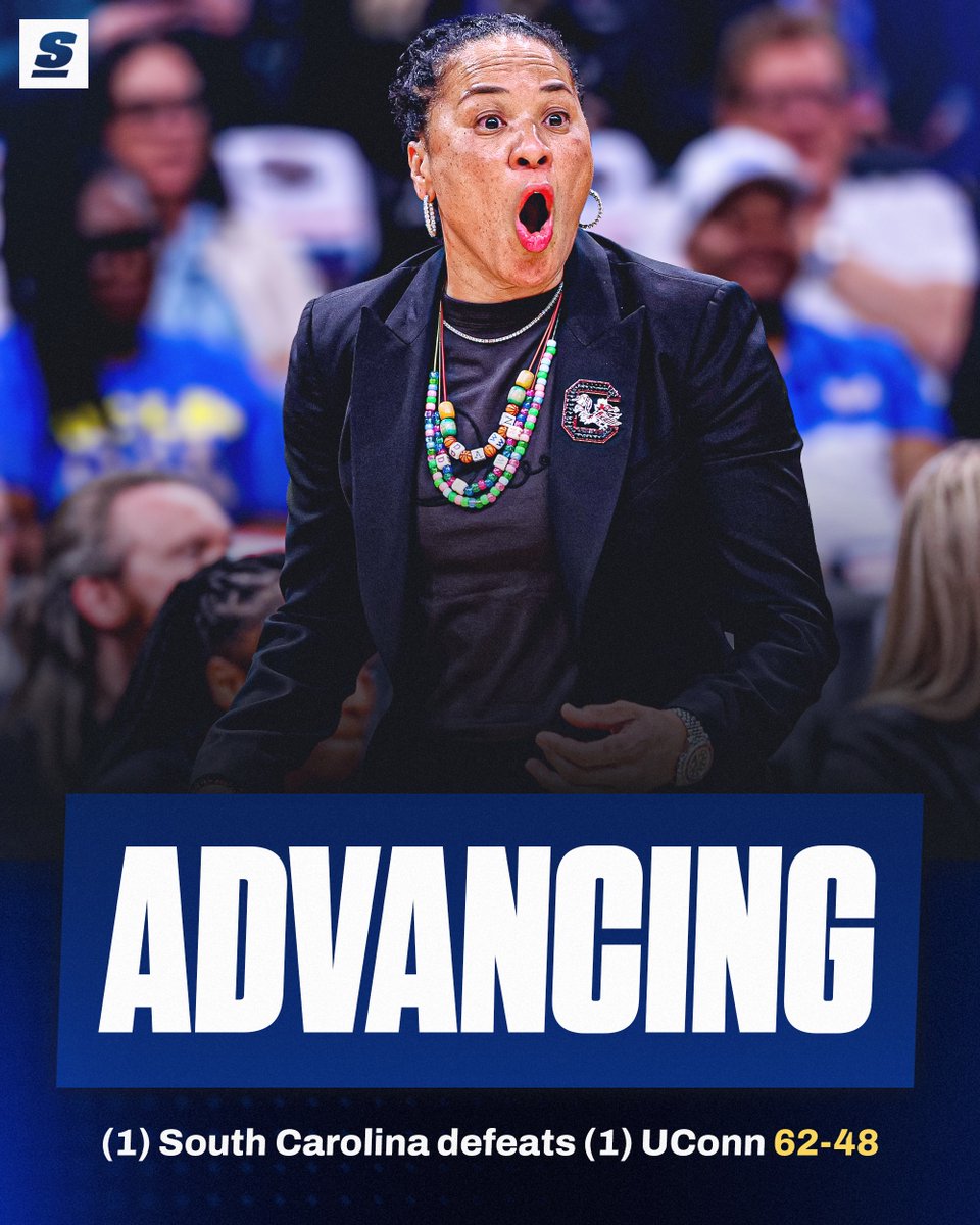 theScore's tweet photo. UNDEFEATED NO MORE! 

SOUTH CAROLINA DEFEATS UCONN TO PUNCH THEIR TICKET BACK TO THE NATTY! 🏆 https://t.co/cYioKurCRS