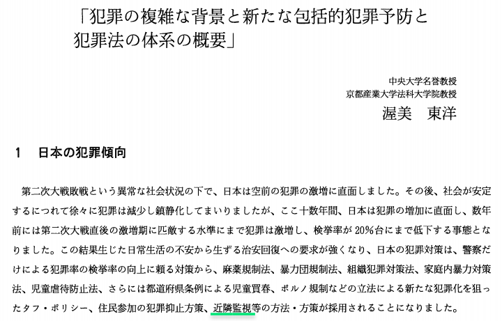 おおよそ二十年前の資料です。治安回復への要求から近隣監視が採用されたとのこと。