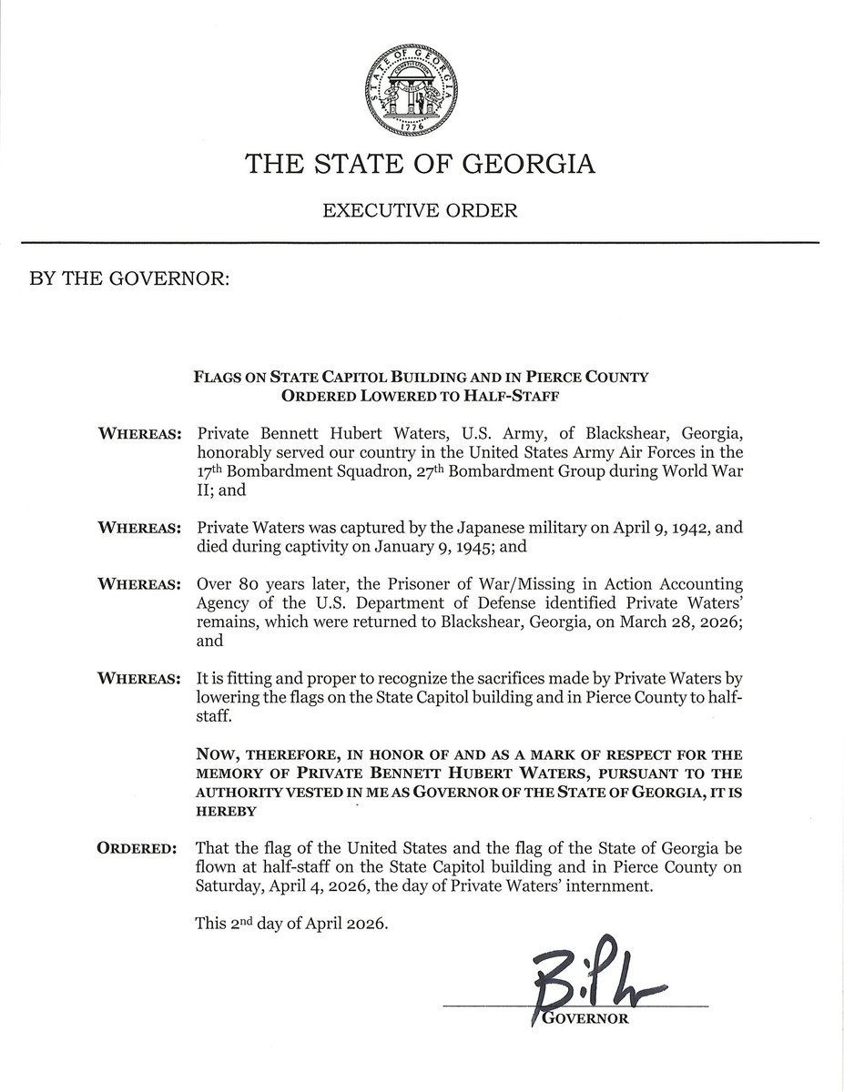 GovKemp's tweet photo. Private Bennett Hubert Waters lost his life bravely defending our nation during World War II. After 81 years, he has finally returned home and will be laid to rest on Saturday, April 4. As we reflect on his heroism and sacrifice, I am ordering flags at the Capitol and in Pierce County to be lowered in his memory.