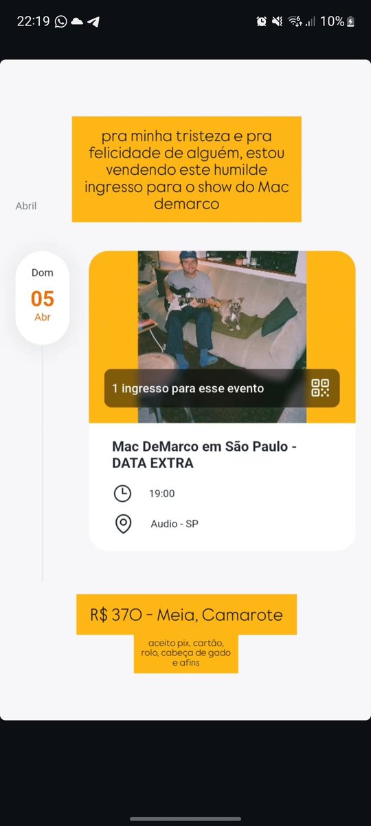 Jozin__'s tweet photo. Vendo ingresso pro show do Mac demarco dia 05 agora em SP, transfiro via ingresse, meia camarote.

infelizmente não vou conseguir ir, valor que paguei. https://t.co/dzruDiNWyT