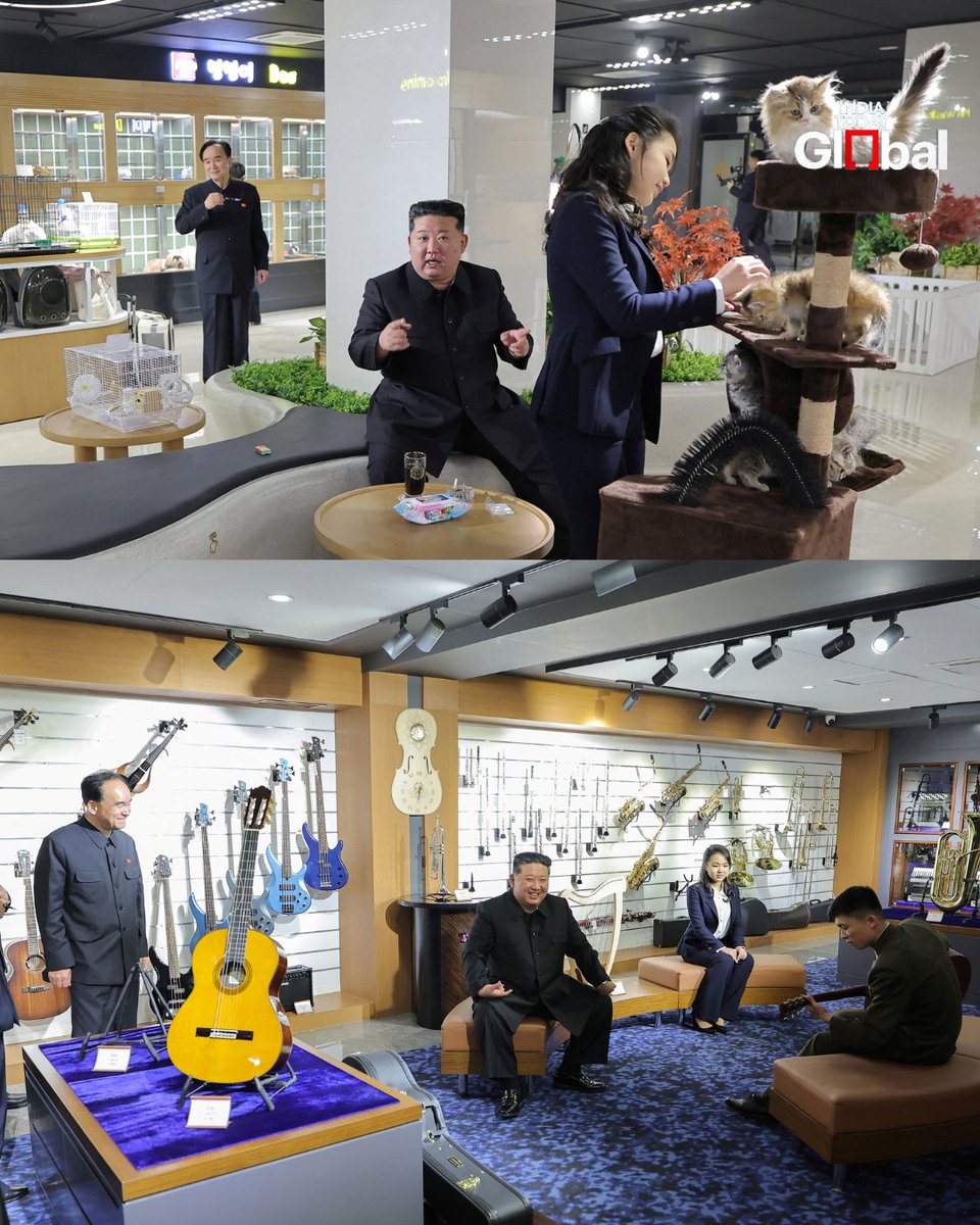 IndiaToday's tweet image. North Korean leader Kim Jong Un visits a pet shop during an inspection in Pyongyang, accompanied by his daughter Kim Ju Ae. Her frequent appearances continue to spark attention.

#KimJongUn #KimJuAe #NorthKorea #Pyongyang #IndiaTodayGlobal