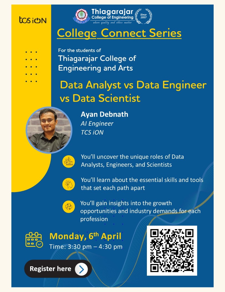 tceofficialpage's tweet image. 🎓 College Connect Series | TCE, Madurai
 Data Analyst vs Data Engineer vs Data Scientist 🚀
📅 Apr 6, 2026 | ⏰ 3:30–4:30 PM
🔗 iur.ls/CollegeConnect…
Explore data careers &amp;amp; industry insights!
#TCE #CollegeConnect #TCSiON #DataAnalytics #CareerTalk