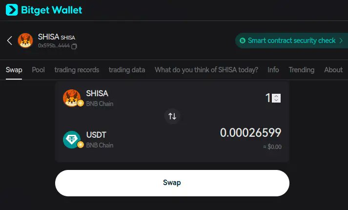 ⚡️ $SHISA on <a href="/BitgetWallet/">Bitget Wallet 🩵</a> 

Are you a #Bitget fan who likes memecoins?

Know that you can buy one of the best memes using the Bitget Wallet.

Add SHISA to your portfolio by using your favorite web3 tool 👇 

web3.bitget.com/en/swap/bnb/0x…