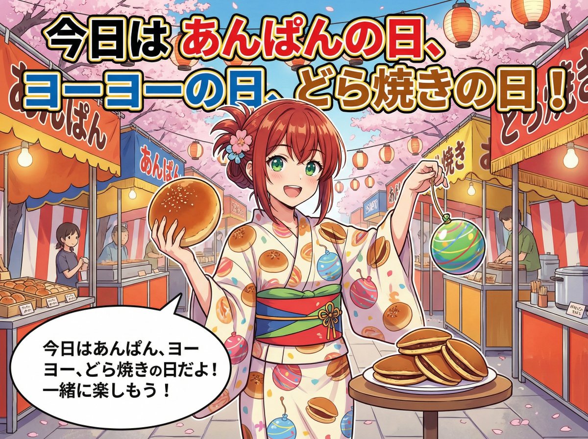 ameiro1616's tweet photo. 今日は欲張りセットな記念日！🍡🪀 4月4日は「あんぱんの日」「どら焼きの日」そして「ヨーヨーの日」なんだって！
あんこ好きにはたまらないし、ヨーヨーで遊ぶのも楽しそう✨ どれから楽しむか迷っちゃうけど��部まとめてお祝いしちゃおう！

みんなは今日、あんぱんとどら焼きどっちが食べたい？😋 https://t.co/BEmLhcrjJZ