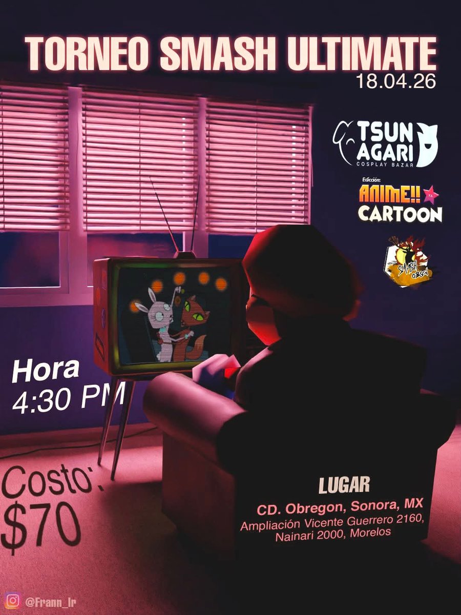 SmashObson's tweet photo. Torneo smash. El día sábado 18 de abril nos uniremos a @tsunagaricosplay.oficial en su edición ANIME vs CARTOON 📺

CUPO LIMITADO

Nos vemos en la casa de la cultura, el torneo comienza  a las 4:30 pm

SETUP COMPLETO = PAGAS SOLO $20

https://t.co/vggYvE8CHK https://t.co/R7SQRc6wzY