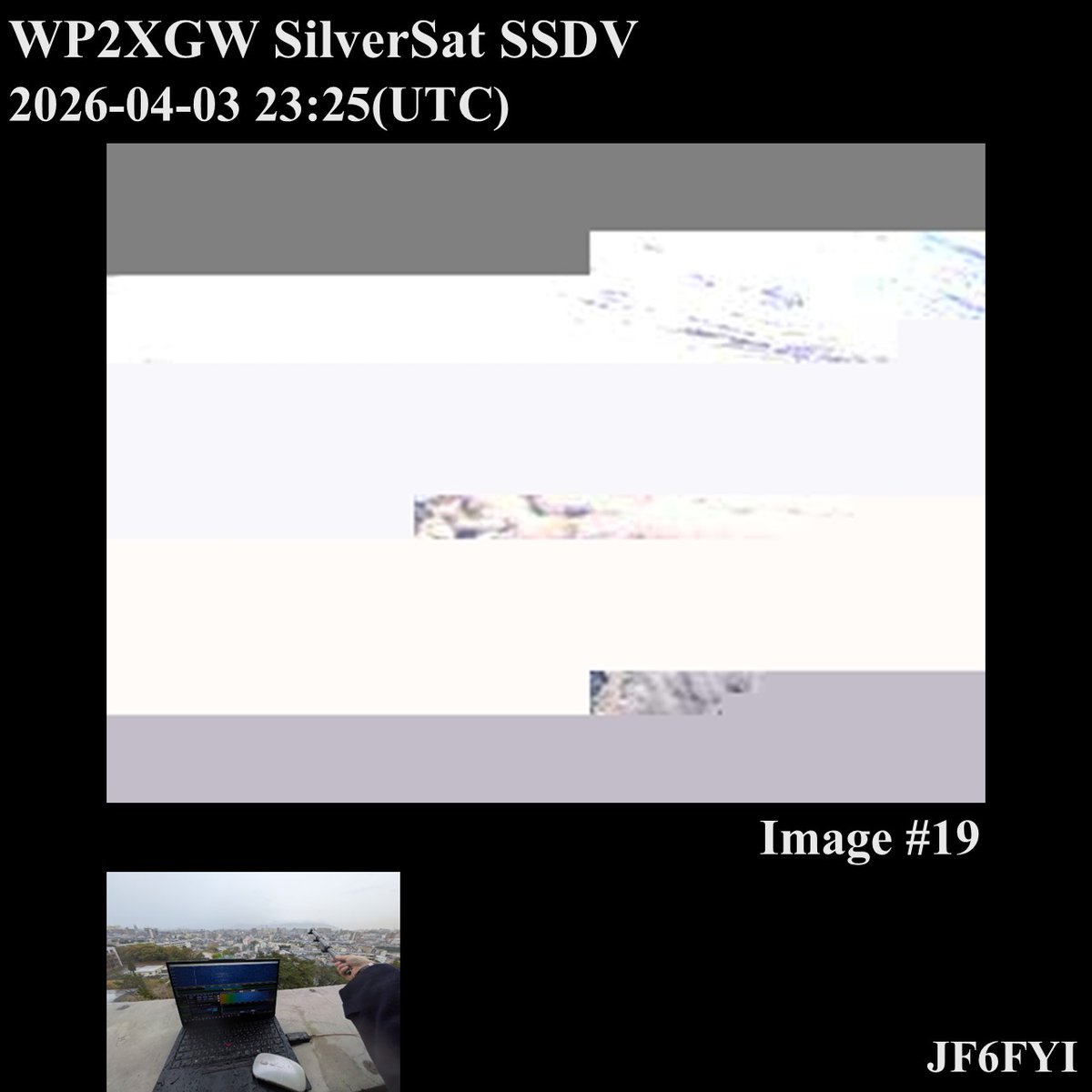 nishikazu_robo's tweet photo. 間もなく再突入を迎える, アメリカのNPO団体 SilverSat (@SilverSatorg )による教育用超小型衛星 #WP2XGW 『 #SilverSat 』からの #SSDV 画像の受信に挑戦しました！🛰
低仰角と激しい雨風により, 一部分しか取得出来なかったものの, SilverSatが撮影した地球の写真を受信出来ました！
#アマチュア無線 https://t.co/xv5WO5GGFC