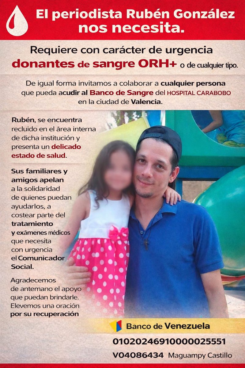 🙏🏻#ServicioPúblico Rubén González necesita manos amigas. Para donar sangre dirígete al Banco de Sangre del Hospital Carabobo.

Sus familiares también agradecen cualquier apoyo solidario para costear parte del tratamiento y exámenes médicos de Rubén. Contacto (0414) 425-09-50