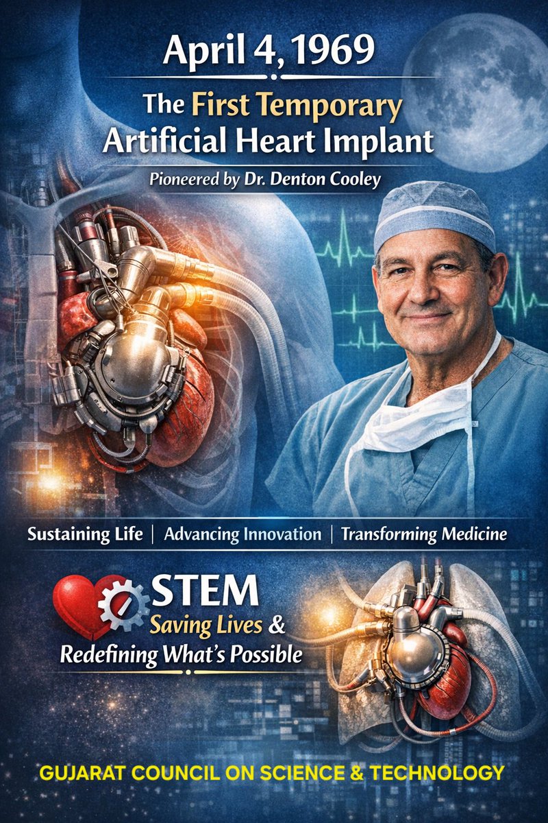 narottamsahoo's tweet image. April 4 marks a pioneering milestone in medical science - In 1969, #DentonCooley performed the first implantation of a temporary artificial #heart in a human patient.

This breakthrough demonstrated the extraordinary potential of biomedical engineering, where #innovation can