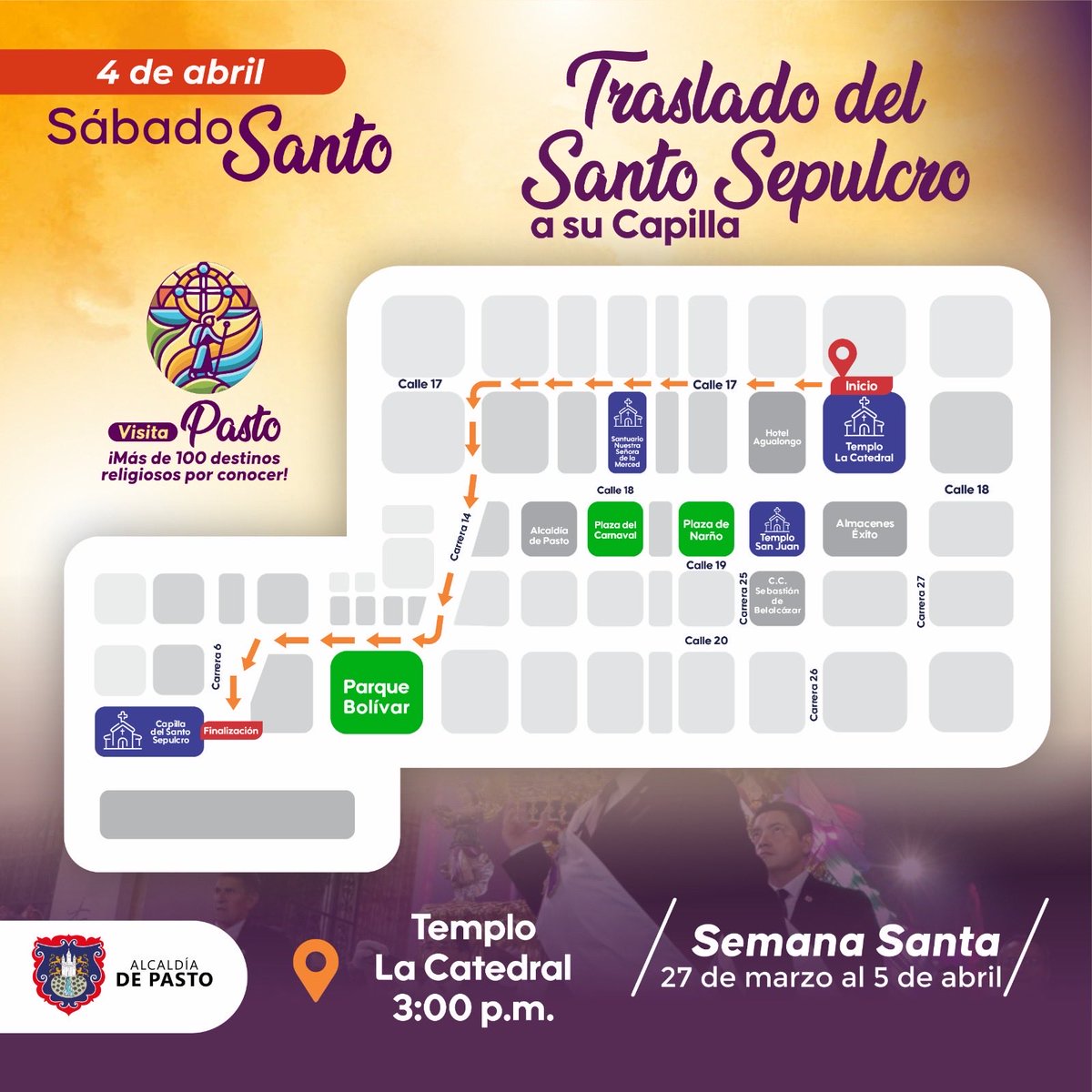 alcaldiapasto's tweet image. 💛 Este Sábado Santo en Pasto acompaña la Procesión de la Soledad y el Retorno del Santo Sepulcro a su capilla, dos momentos de profunda fe y tradición.

Ten en cuenta los cierres viales y planifica tus recorridos.

#SemanaSanta2026 #SábadoSanto #Pasto