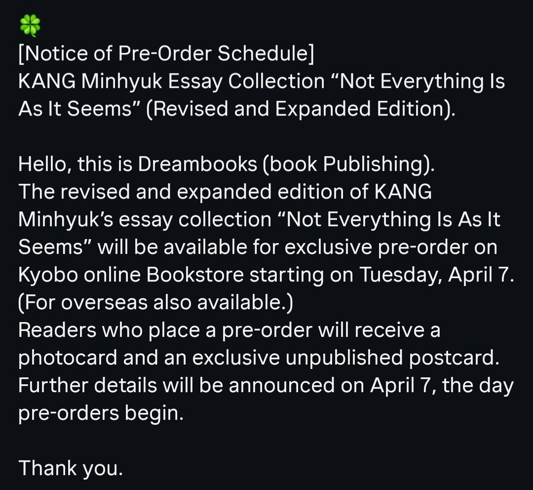 Pre-order for Kang Minhyuk's book "Not Everything Is As It Seems" (revised and expanded edition) will start on Tuesday, April 7! 

Those who place a pre-order will receive a photocard and exclusive unpublished postcard.
