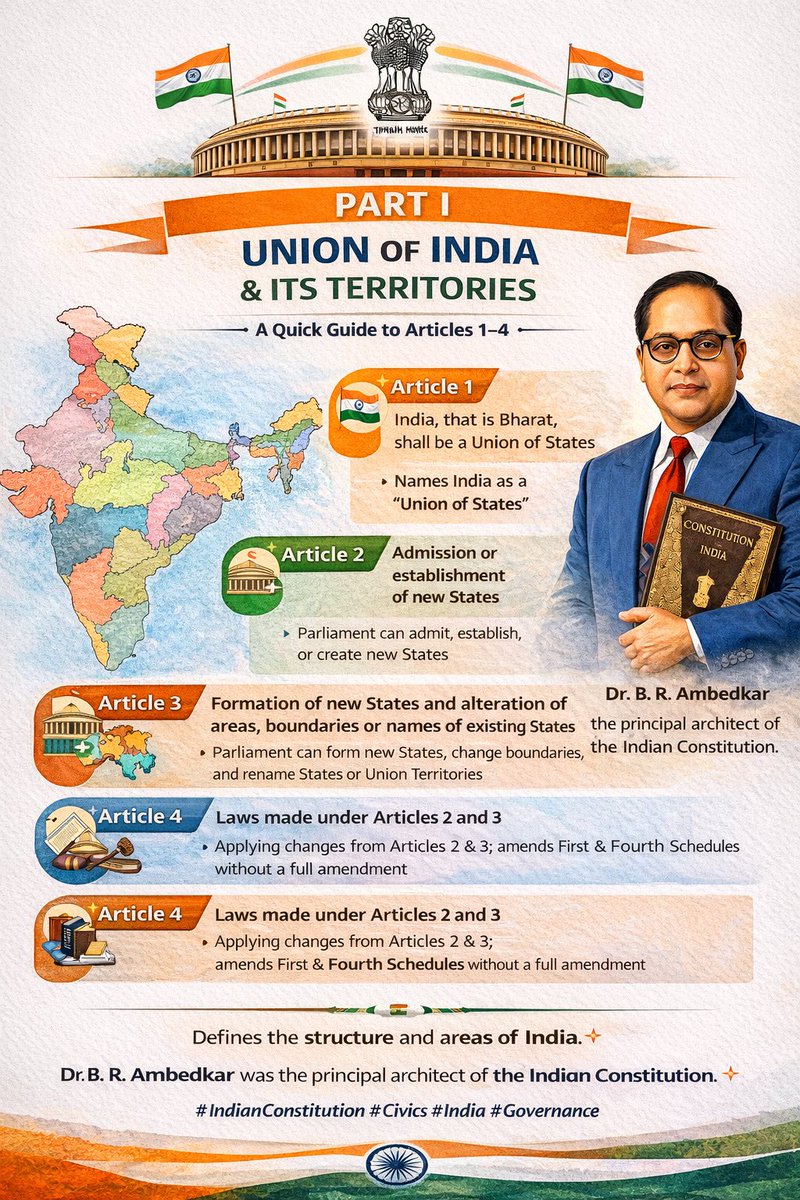 BSS_Karnataka's tweet photo. Part 1

Union of India &amp; it's territories 
A quick guide about articles 1-4 of Indian Constitution 

#IndianConstitution
#DalitHistoryMonth
#JaiBhim
#DrAmbedkar 
#FatherOfNation https://t.co/FaLPn37BI1