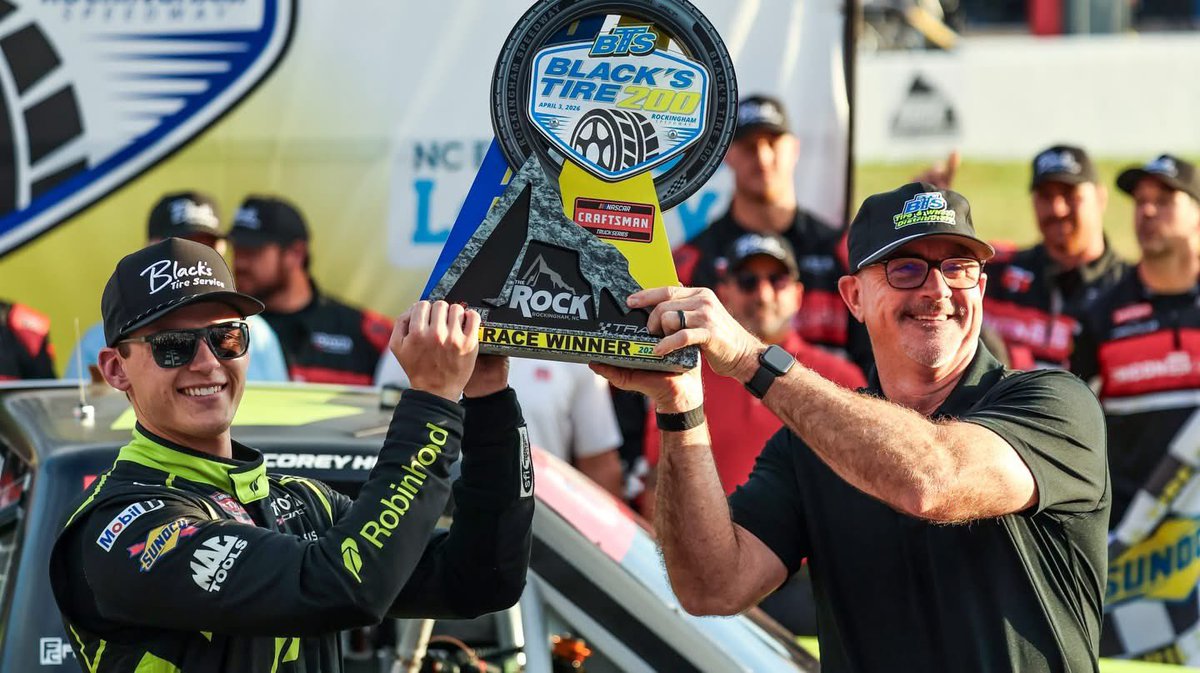 We sure like that <a href="/BlacksTire/">Black's Tire Service</a> trophy <a href="/CoreyHeim_/">Corey Heim</a> 
<a href="/NASCAR_Trucks/">NASCAR CRAFTSMAN Trucks</a> 
#blackstire200 #blackstire 
#blackshasyourback