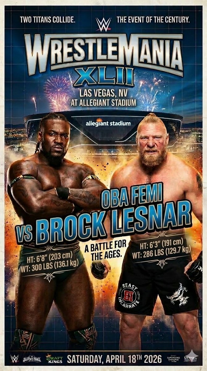 juster4444's tweet photo. @WWE @Obaofwwe @BrockLesnar 
I created a poster for this mania match #wrestlemania https://t.co/pP1BJGIdt4
