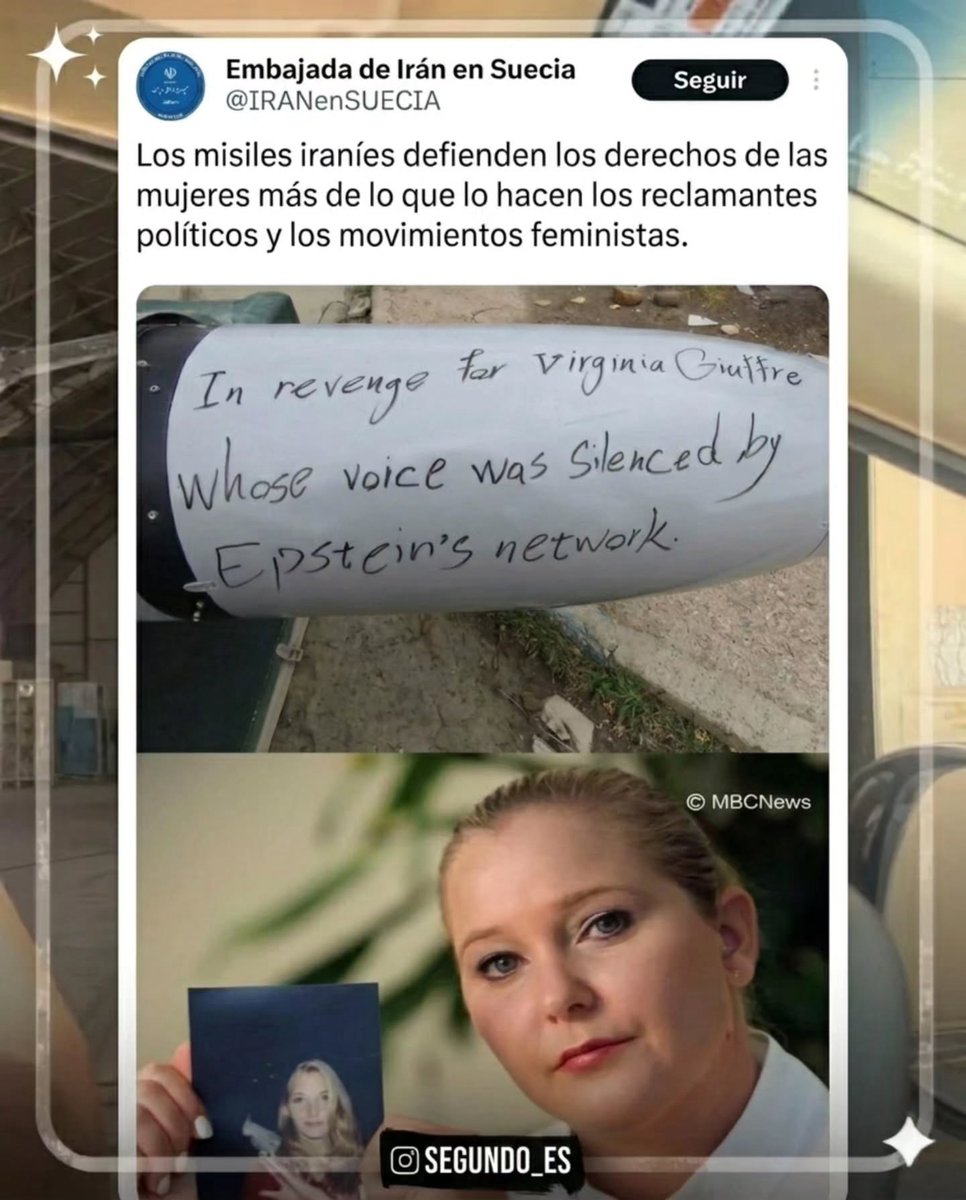 🚀  En la imagen se ve un misil iraní que dice: 

"En venganza por Virginia Giuffre, cuya voz fue silenciada por la red de Jeffrey Epstein".

ℹ️ Virginia Giuffre fue una de las víctimas más reconocidas de la red de trata de Jeffrey Epstein. 

🇮🇷 Al respecto, la embajada de Irán