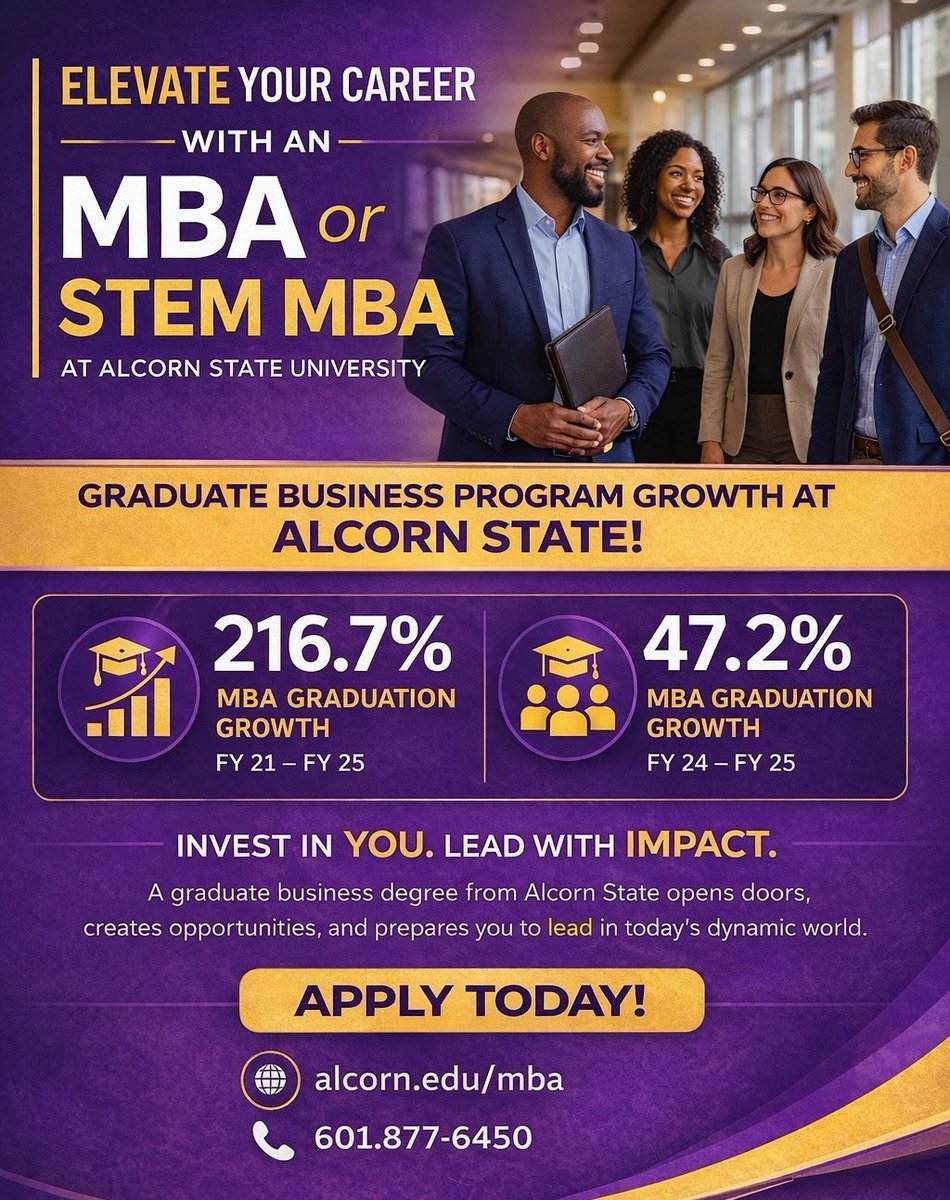 AlcornBusiness's tweet photo. INVEST IN YOU. LEAD WITH IMPACT.

Alcorn State’s MBA program transforms ambition into leadership. Your goals are within reach — we’ll help you get there. 🎓

Apply today → https://t.co/kJfTnolT19 https://t.co/5hrDDAi2lF