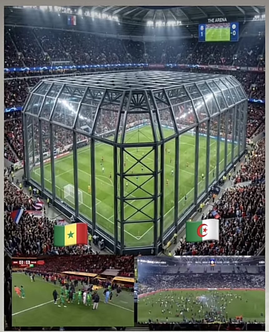 Voici les nouveaux terrains pour la prochaine coupe du monde 2026:
Sénégal 🇸🇳 : les Sénégalais, ne pourrons plus sortir du terrain, lorsqu’une décision arbitral ne leur convient pas. 
Algérie 🇩🇿 : les Algériens ne pourront plus envahir le terrain.