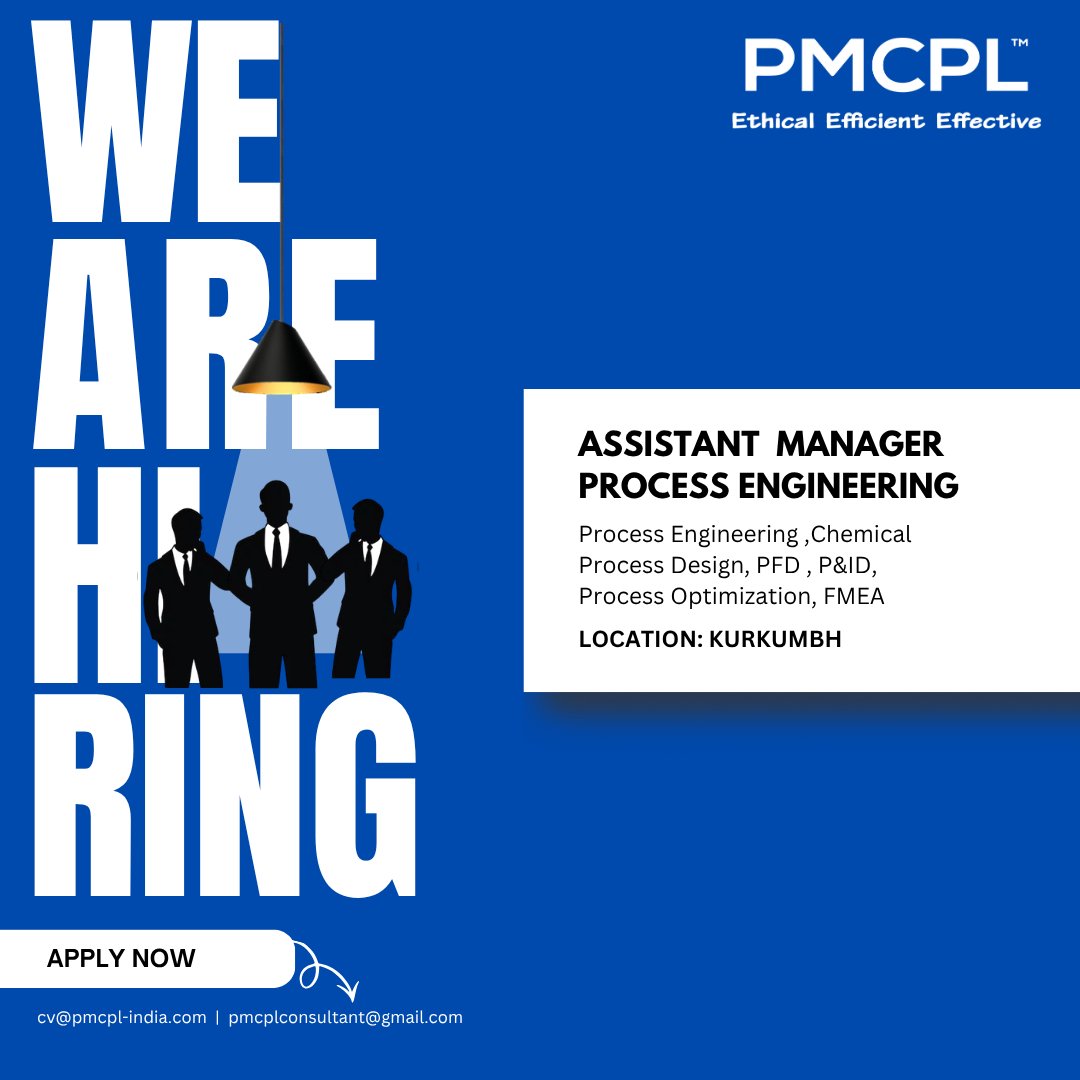 pmcpl_india's tweet image. We’re Hiring!
#AssistantManager  #ProcessEngineering
BE/ ME(Chemical) with 3+ years of experience in process engineering 
Apply: pmcplconsultant@gmail.com |cv@pmcpl-india.com

Details: pmcpl-india.com/jobs/1131

#pmcpl #AssistantManger