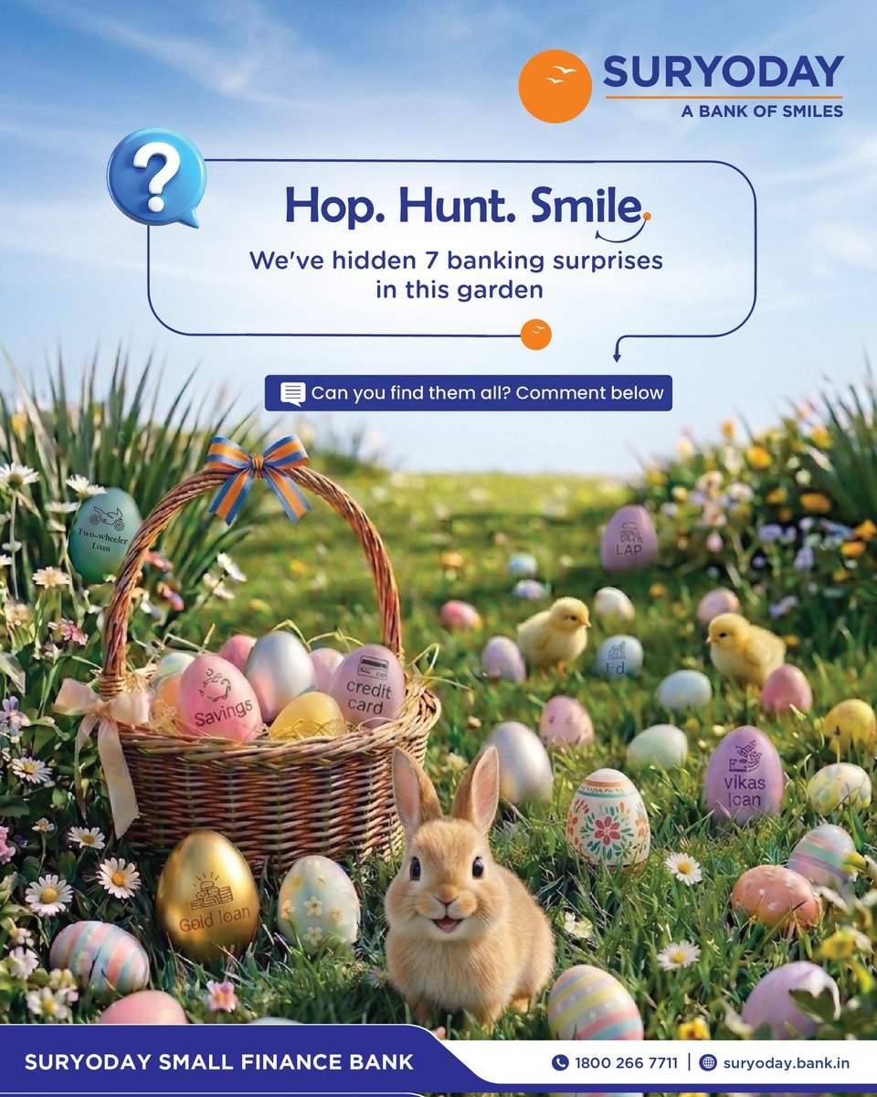 SuryodayBank's tweet photo. Spot the eggs with our financial products and comment down your answers.

Winners will be announced on 6 April.

Rules:
1.Follow and tag 3 more friends to follow.
2.Use #easterdaycontest #bankofsmiles #suryodaybank.
3.Repost your entry.

#easterday https://t.co/ZYXl54BI0Y