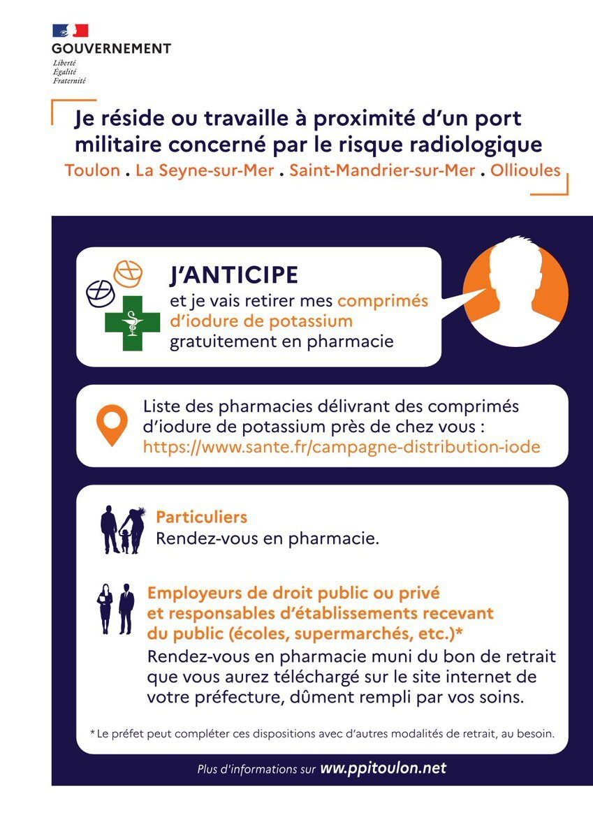 Prefet83's tweet image. #Prévention #Iode | ☢ Dans le cadre de l'exercice de sécurité nucléaire qui vient de se dérouler dans la base navale de Toulon, un rappel  : La campagne de mise à disposition de comprimés d'iode est toujours en cours pour les habitants de 𝐓𝐨𝐮𝐥𝐨𝐧, 𝐋𝐚