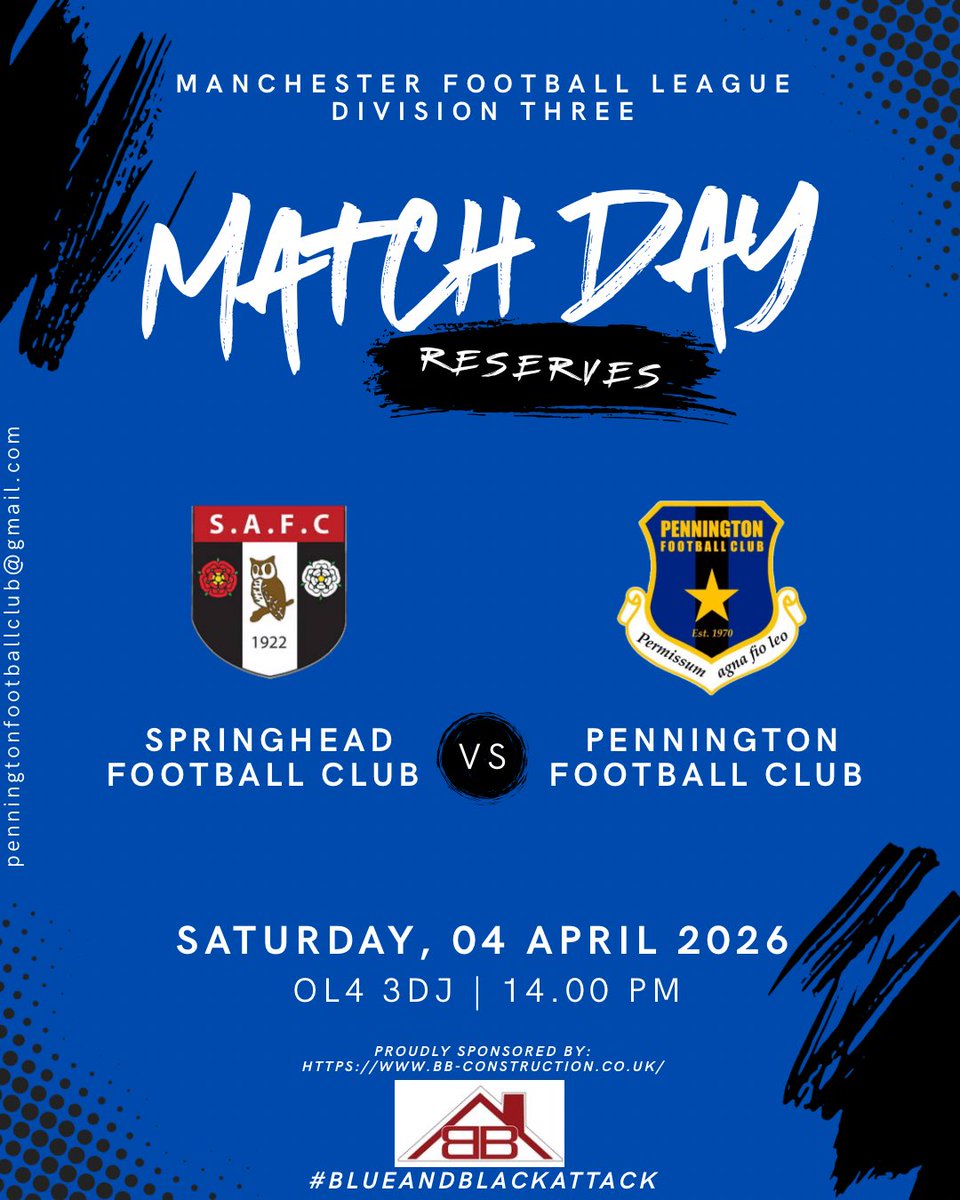 pennington_fc's tweet photo. Double header today against Springhead, whilst the development team are away to Tottington. Fingers crossed for a 9 point Saturday! Get down to the #ExtraTimeBar if you’re after a footy fix!⚽️🔵⚫️ #blueandblackattack https://t.co/YatFJk3YKw