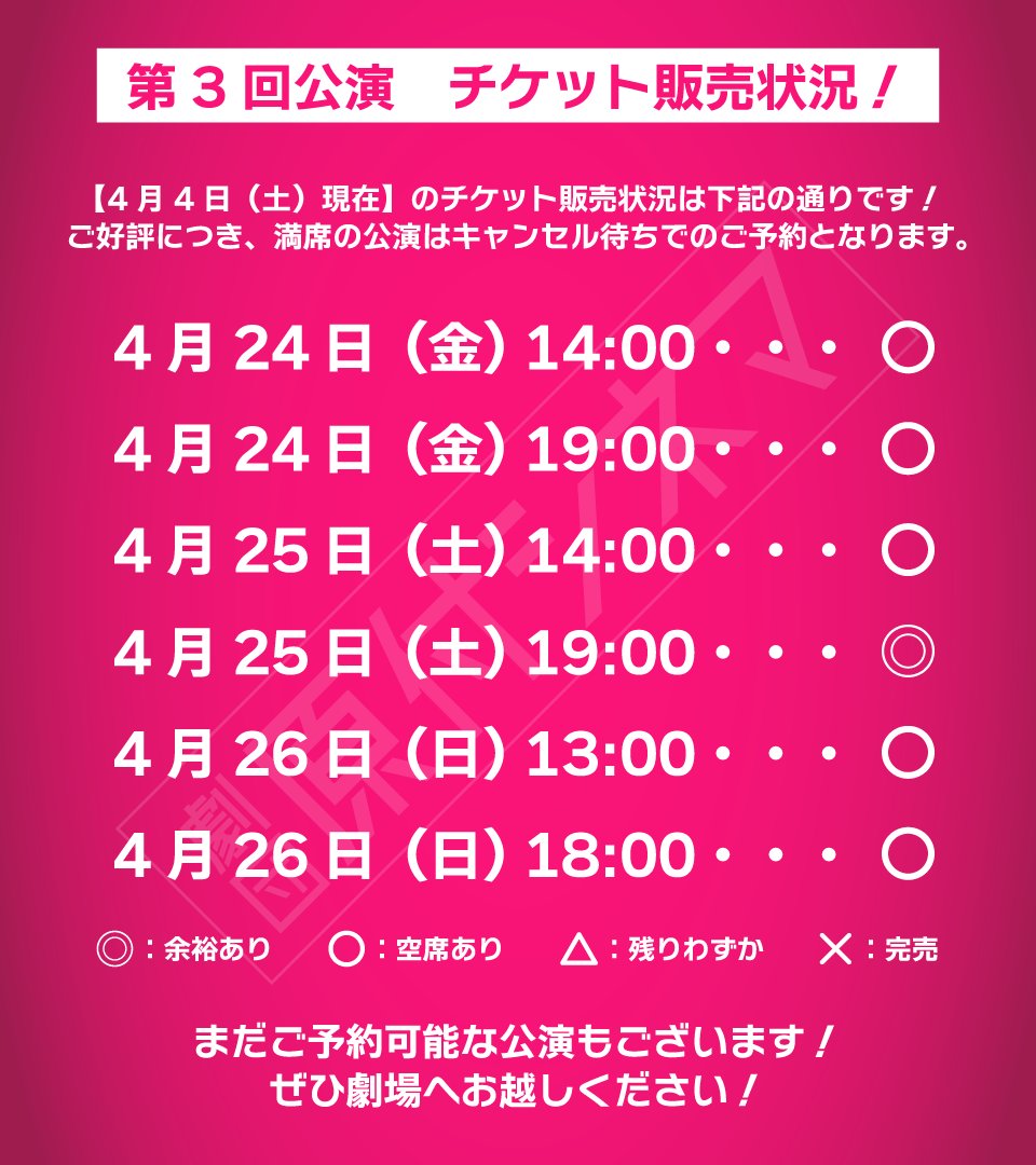 🛵第3回公演チケット販売状況🛵
＼#原付シネマ 第3回公演／
『根拠は無いけど、自信は有るんだ！』

【4月4日(土)現在】のチケットの販売状況です！

各回まだ残席ありますので、ぜひご予約ください❗️

チケット予約はコチラ⬇️
quartet-online.net/ticket/gentsuk…

#根拠自信 #コンジシ