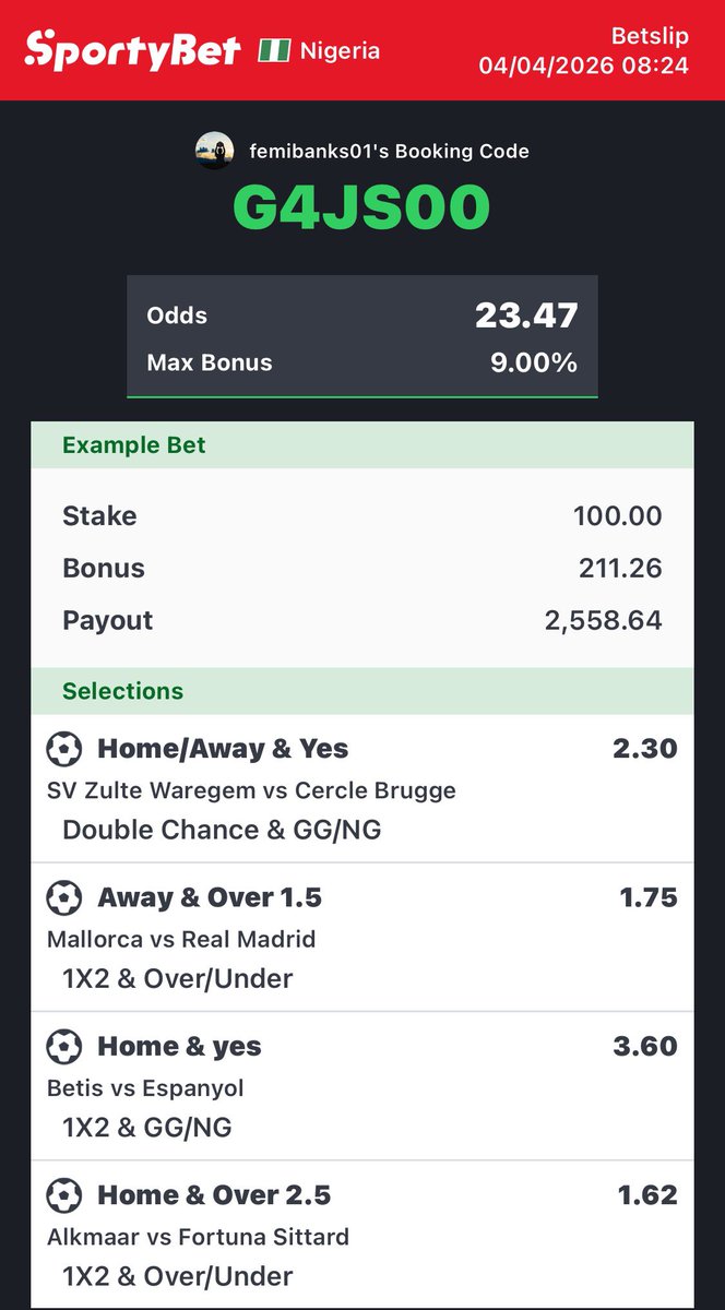 femibanks01's tweet photo. 4/4 picks 
Combo
Booking code👉🏻 G4JS00 https://t.co/aPqzzzjP8b