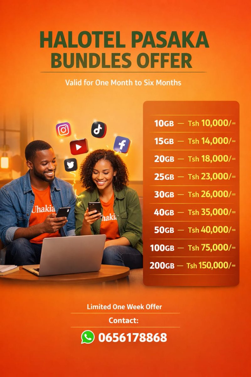 Noedson_tz's tweet photo. Wanangu wa Halotel bundle za kitonga na bei rahisiii kabisa zinapatikana kwa mkali @corinthian_tz .

Hizi bando zinadumu kwa miezi 6.

GB 10 - 10k
GB 15 - 14k
GB 20 - 18k
GB 25 - 23k
GB 30 - 26k
GB 40 - 35k 
GB 50 - 40k
GB 100 - 75k
GB 200 - 150k

Mcheki, 0656 178 868 https://t.co/SJoZsCBsFB