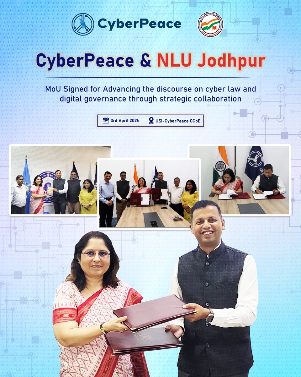 cyberpeacengo's tweet image. Shaping the Future of Cyber Law &amp;amp; Digital Governance.🌐

#CyberPeace☮️ is proud to partner with @nlujofficial (National Law University, Jodhpur) through the signing of a landmark #MoU to establish the CyberPeace Chair.

This collaboration aims to
🔬 Foster interdisciplinary