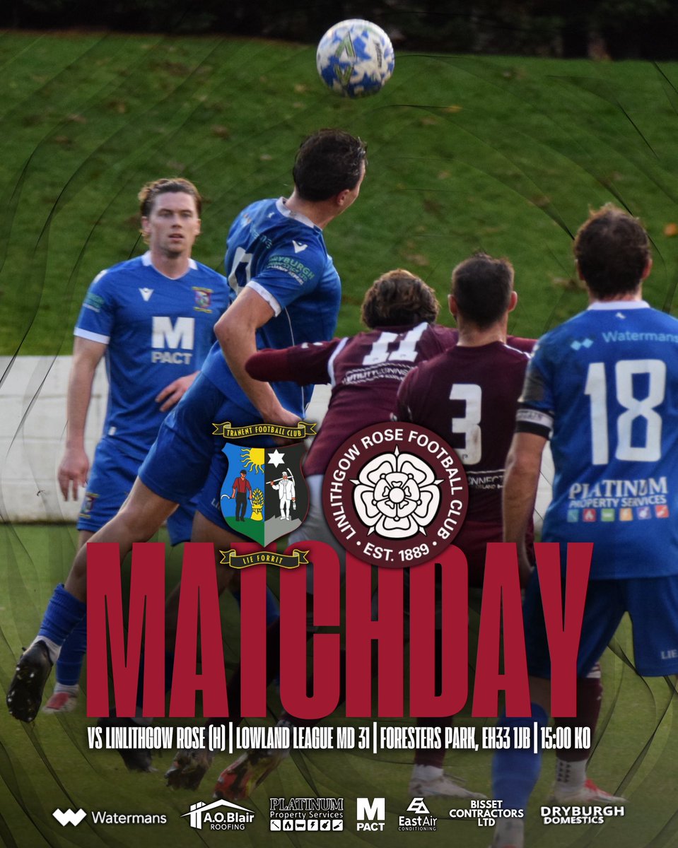 TranentFC's tweet photo. 🇱🇻 𝐌𝐚𝐭𝐜𝐡𝐝𝐚𝐲: 𝐋𝐢𝐧𝐥𝐢𝐭𝐡𝐠𝐨𝐰 𝐑𝐨𝐬𝐞 (𝐇)

We face Linlithgow Rose at Foresters Park this afternoon in a top of the table clash. Get yourself along for a 15:00 kick-off and back the Belters! 👏

🆚 Linlithgow Rose
🏆 Lowland League MD31 
🗓️ Saturday 4th April 2026
📌 Foresters Park, EH33 1JB
⏰ 15:00 kick-off

⬇️ Matchday sponsors 
⚽️ Tranent Youth
👥 Wayne MacIntosh & Guests
🤝 Chris Craig & Craig Pucko
🛠️ Innes Joinery

#TheBelters 🇱🇻 #LieForrit