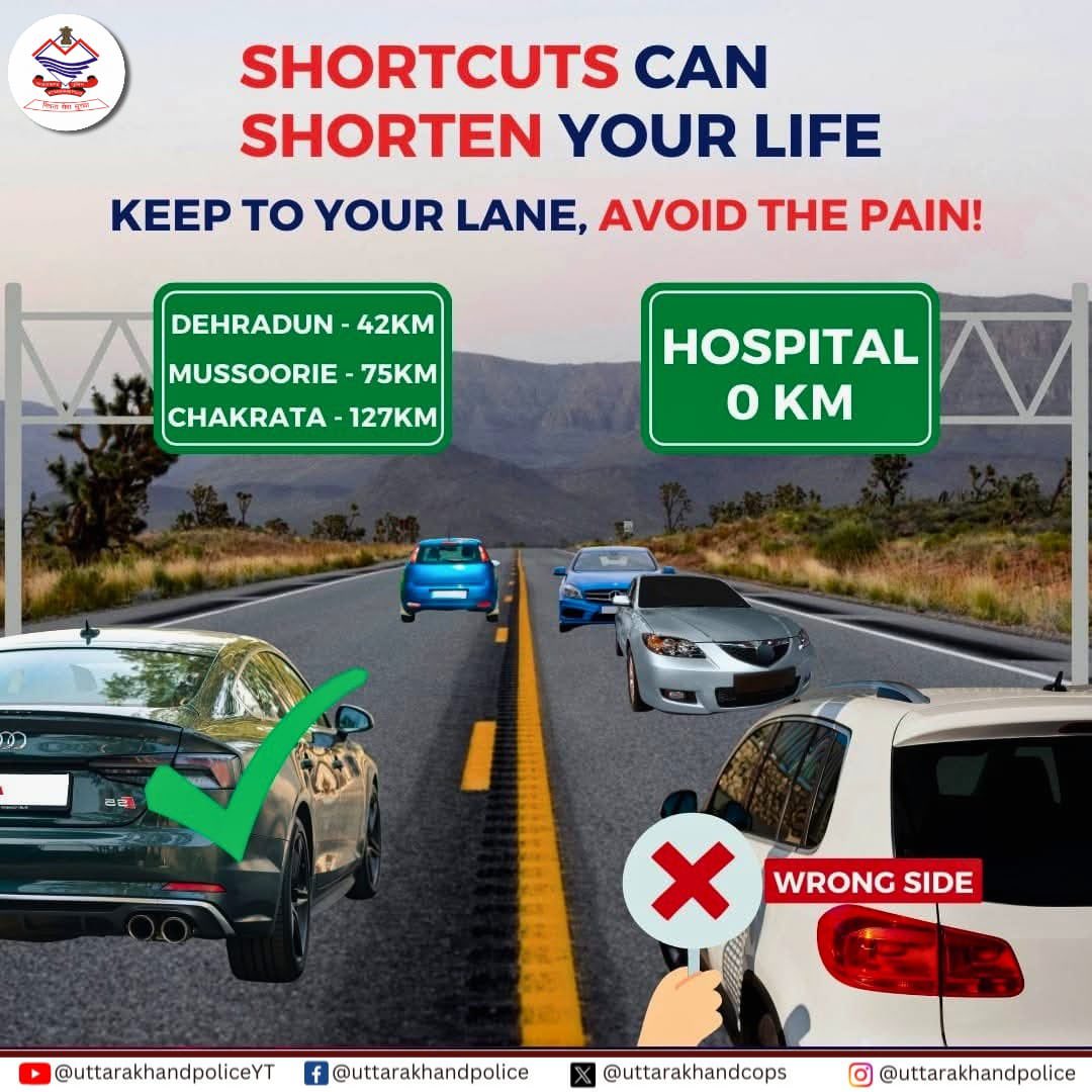 uttarakhandcops's tweet image. जिंदगी को शॉर्टकट न बनाएं,  हाईवे पर अपनी लेन पर रहें, अपना सफर सुरक्षित  रखें।  

#trafficsafety 
#UttarakhandPolice 
#HappyJourney