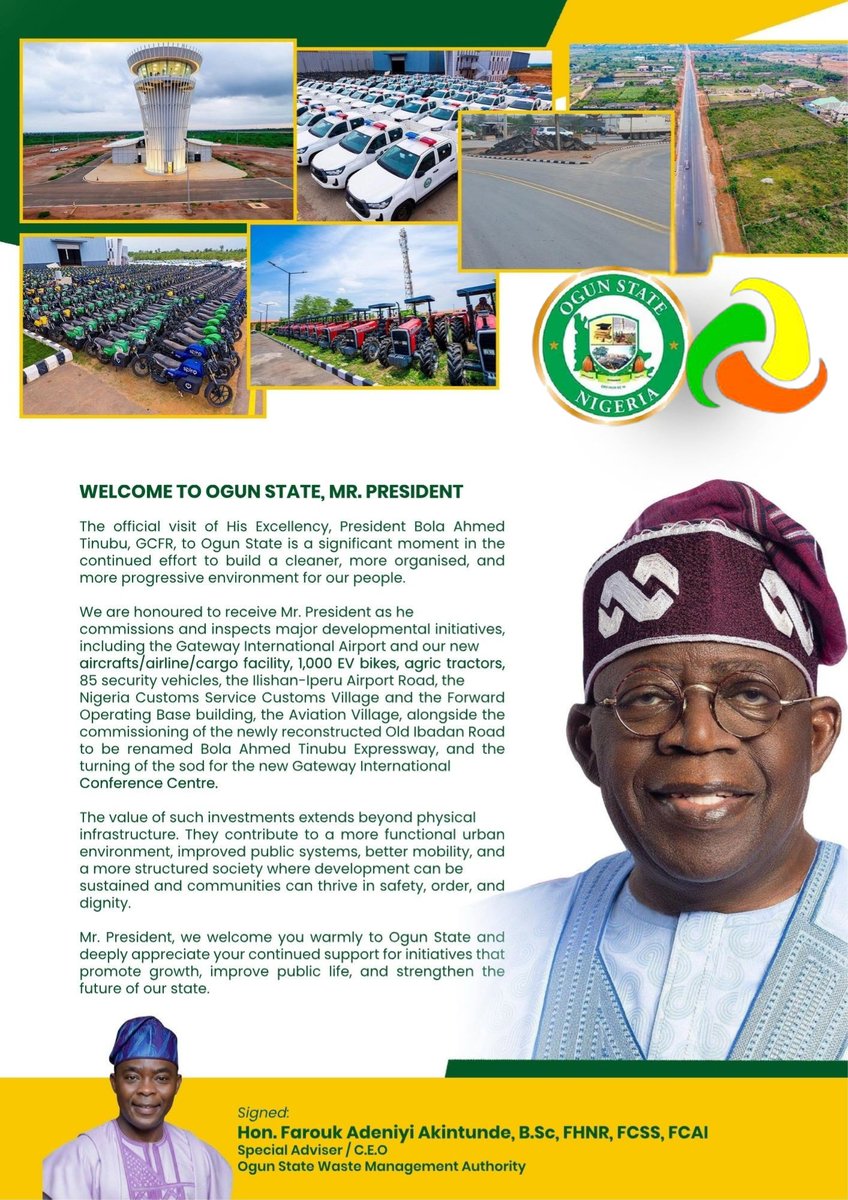 The Special Adviser/MD OGWAMA warmly welcomes His Excellency, President Bola Ahmed Tinubu, to Ogun State.