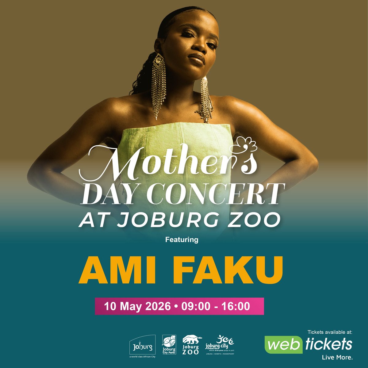 CityofJoburgZA's tweet photo. We’re excited to announce that Ami Faku will be performing at the Mother’s Day Concert at Joburg Zoo.
Known for her soulful voice and powerful performances, Ami Faku will bring a special touch to this memorable day ❤️

🎟️ Get your tickets now via @webticketsSA 

#MothersDayConcertAtJoburgZoo #ExploreJoburg ^MM