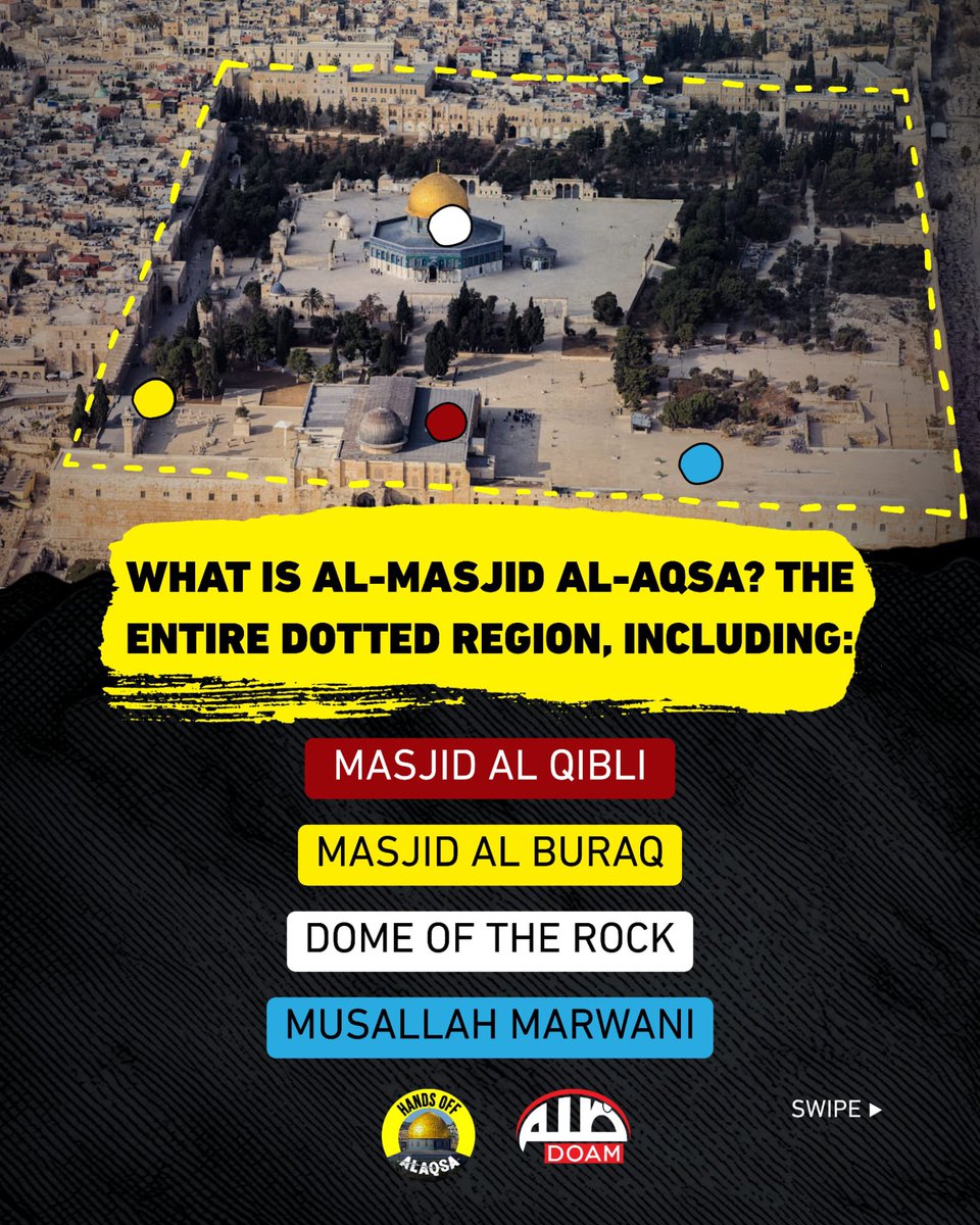 doamuslims's tweet photo. Al-Masjid al-Aqsa is one of the three holiest sites in Islam, and includes the entire compound dotted above. Its significance to Muslims is impossible to understate.|

It is mentioned in the Holy Quran and authentic hadith of our Prophet Muhammad (SAW) by name. 

Beyond this, it holds immense historical and spiritual weight, cherished by the Caliphs who came before and hallowed by the footsteps of the Prophets. May Allah free it from its captors! 

Find out more ➡️

#HandsOffAlAqsa