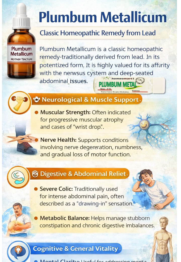 Plumbum Metallicum, derived from lead, is a key homeopathic remedy for progressive paralysis and sclerotic conditions as described in authoritative materia medica. It targets nervous system degeneration, abdominal issues, and emaciation. Know more rebrand.ly/PlumbMet