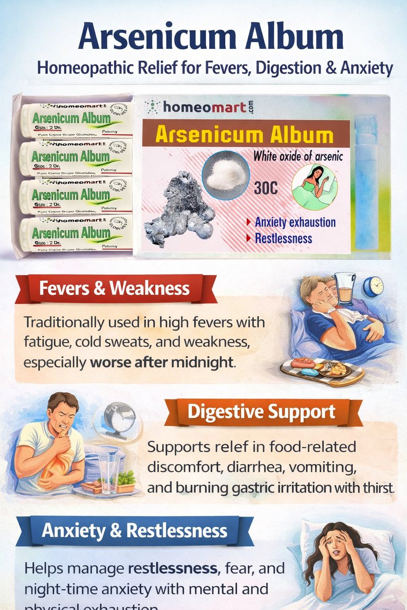 Arsenicum Album is a cornerstone homeopathic remedy for exhausting fevers, gastroenteritis, and anxiety-driven restlessness, as detailed in Boericke's Materia Medica. It suits septic states with burning pains relieved by heat. Know more rebrand.ly/ArsAlb