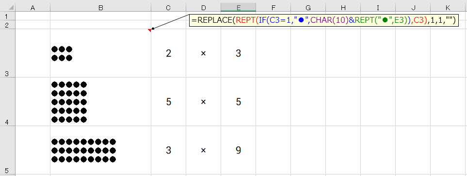 Tsutsui0524's tweet image. 掛け算の式に応じて、セルにリンゴ(●)を表示する数式
REPT関数をネストしたのは初めてかもしれません

（ALTに数式はいってます）
#Excel