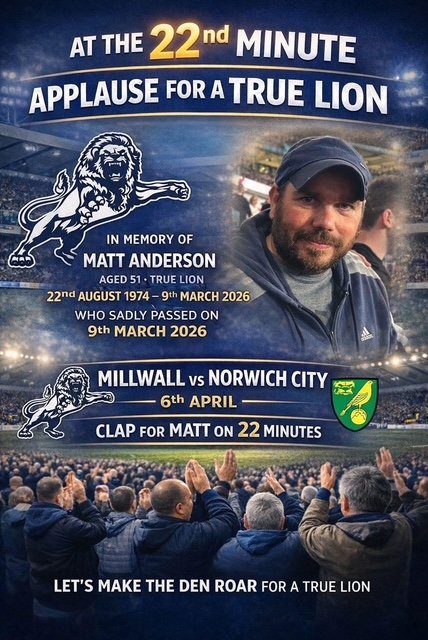 TheMillwallFans's tweet photo. As we look ahead to our next game on Monday, can we please remember Matt Anderson 🦁 thank you 
#millwallfamily https://t.co/W5yqKt9JSJ
