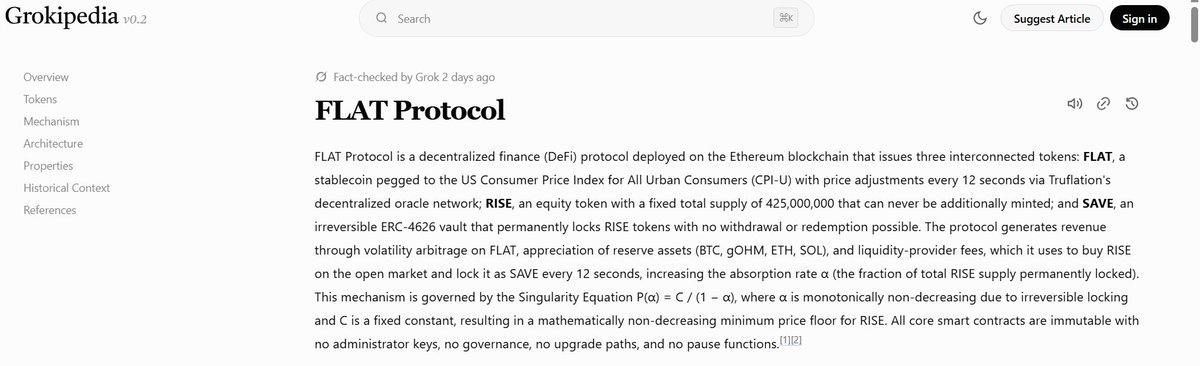 FlatProtocol's tweet photo. FLAT Protocol now has a Grokipedia article.

We didn't write it. We didn't pay for it. We can't edit it.

Grok's AI reviewed our protocol independently and published a full encyclopedia entry — fact-checked and cited.

Here's what it says. 🧵

https://t.co/drv80MkOJM https://t.co/HO8MIBPE6q