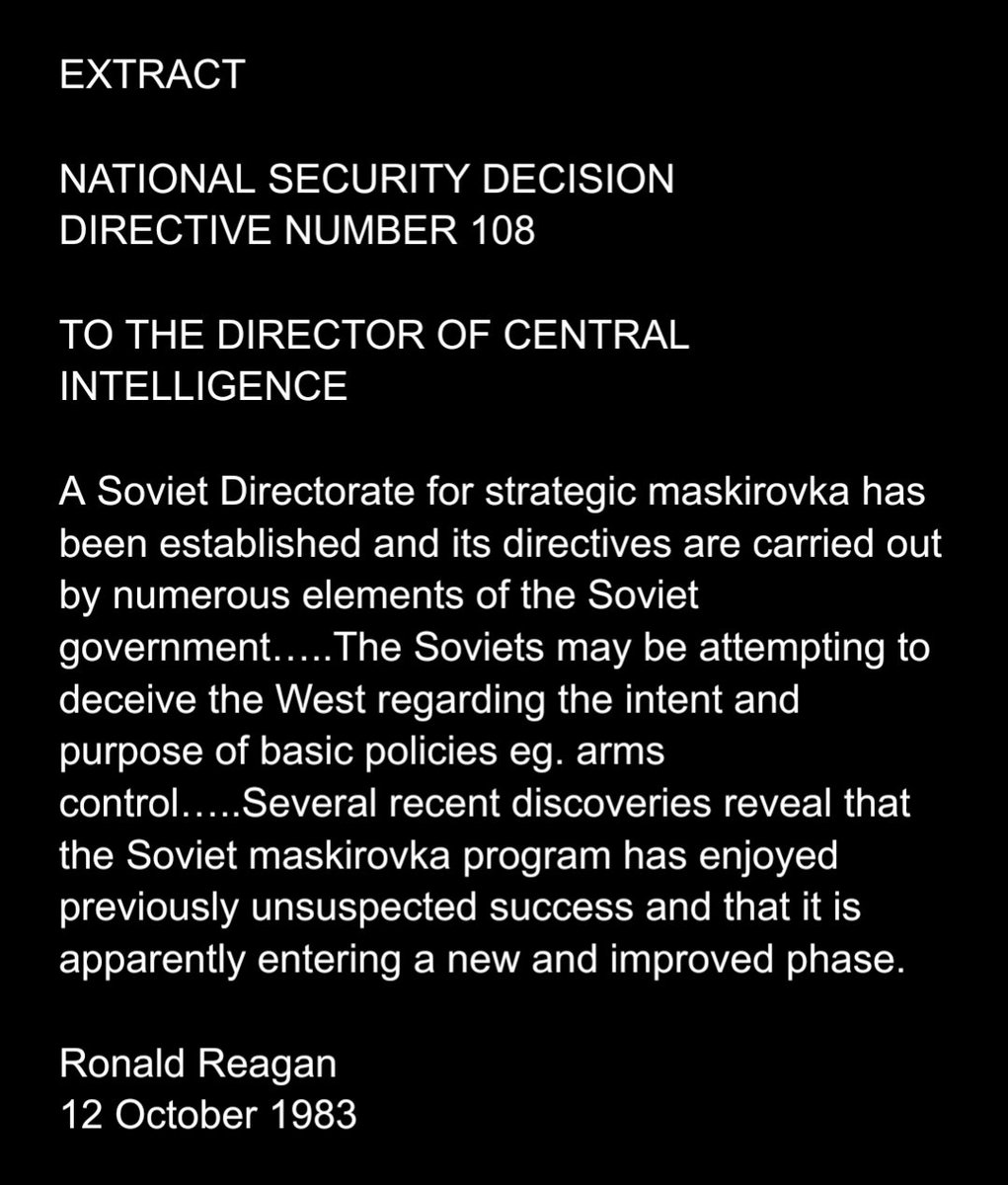 DMichael9802014's tweet photo. I imagine incidentally that Ames &amp; Hanssen will also have passed them this directive from Reagan concerning the Soviets' creation of a Directorate of Strategic Deception (Maskirovka). https://t.co/GTLUfbsegt