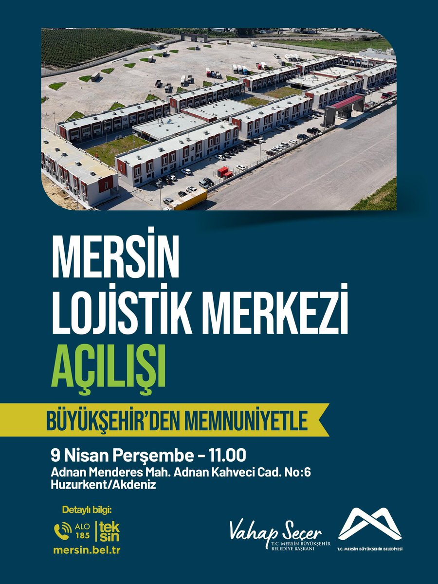 mersin_bld's tweet photo. Mersin Lojistik Merkezi Açılışı 

🗓️9 Nisan Perşembe 
⏰11.00
📍Adnan Menderes Mah. Adnan Kahveci Cad. No:6 Huzurkent/Akdeniz

Detaylı bilgi: ALO 185 | teksin | https://t.co/dco1jGfZC6 https://t.co/KWEQA1lP1W