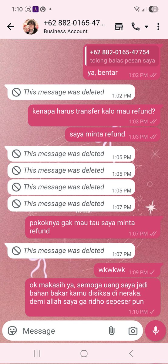 nopllis's tweet photo. 9. mulai foto kedua aku bales sesuai arahan kenalanku karena udah beneran lemes cuma bisa diem (kenalanku bantu chat si seller juga), abis itu udah deh si penipu delete all chat dan blokir aku. https://t.co/jF9qR4beXq