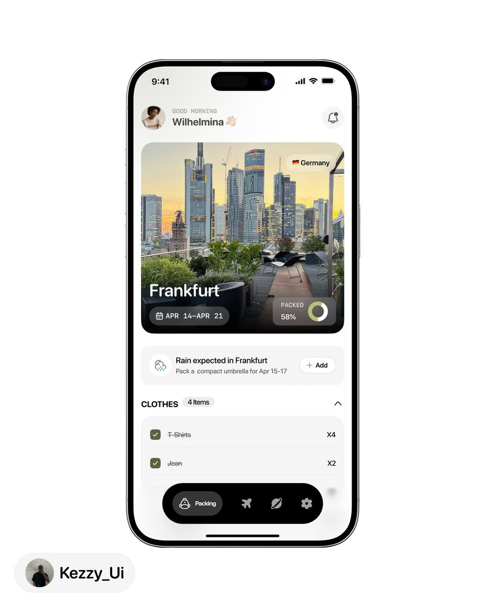 KezzyUI's tweet image. Most packing apps make you do all the thinking.
I designed one that thinks with you.
Destination → weather pulled automatically → items suggested before you forget them.
This is Stoww!✈️
#ProductDesign #UIDesign