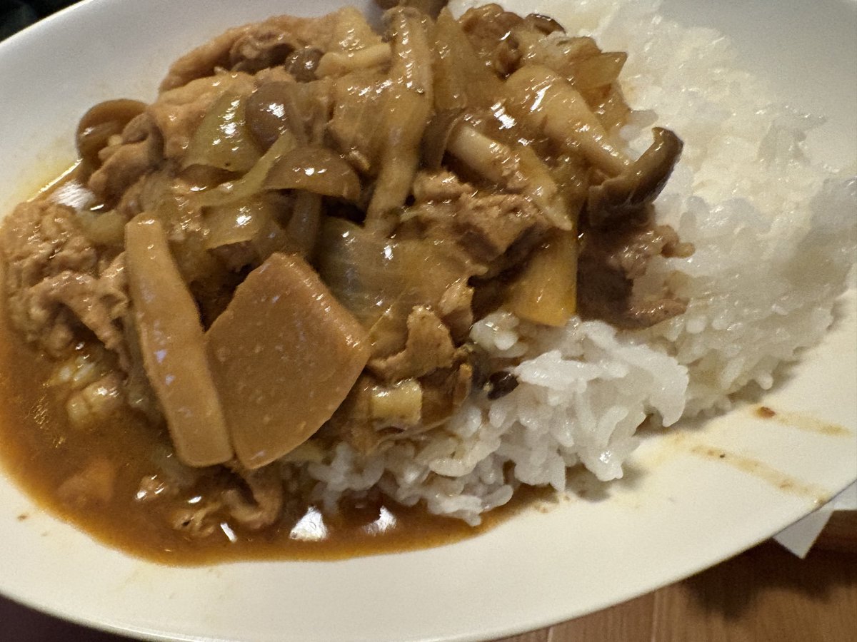 煮物の残りに小さい割に価格高騰中の玉ねぎと豚コマを入れて適当にカレーライスを作りました、ドロっとはしていないけど蕎麦屋のカレーみたいな出汁の効いたカレーが出来ました…普通に美味しかったです