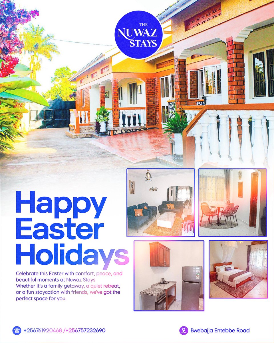 rexmediaug's tweet photo. Celebrate the season the right way—with comfort, space and good vibes.
Make your Easter unforgettable at Nuwaz Stays 🏡
Chill staycation, or quality time, we’ve got the perfect space for you.

📞 Book now: +256 761 920468 / +256 757 232690
Secure your Easter escape today! https://t.co/y8ZpbO4RrQ